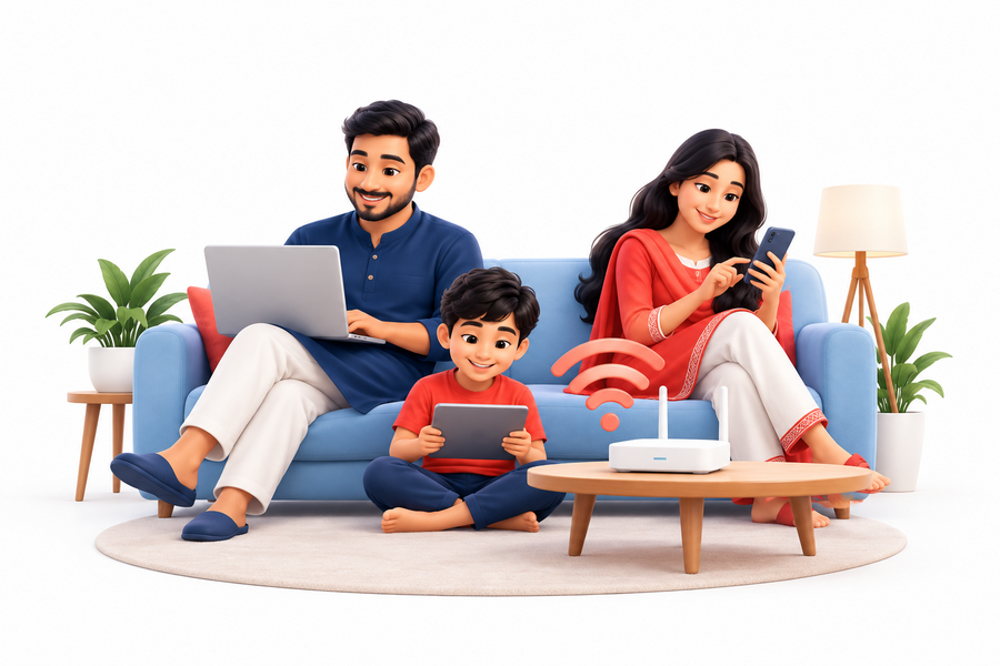 Smart internet plan family using Wi-Fi illustration